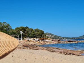A beach with rocky terrain, a clear blue sky, and a distant view of hills.