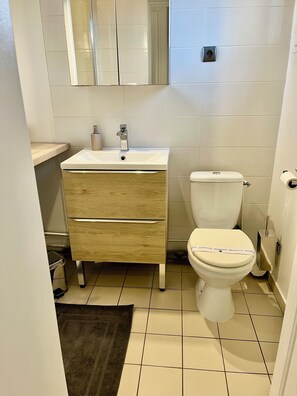 Shower, hair dryer, towels, toilet paper
