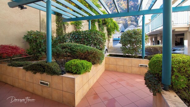 Een overdekt buitengebied met een pergola, betegelde vloer en diverse planten.