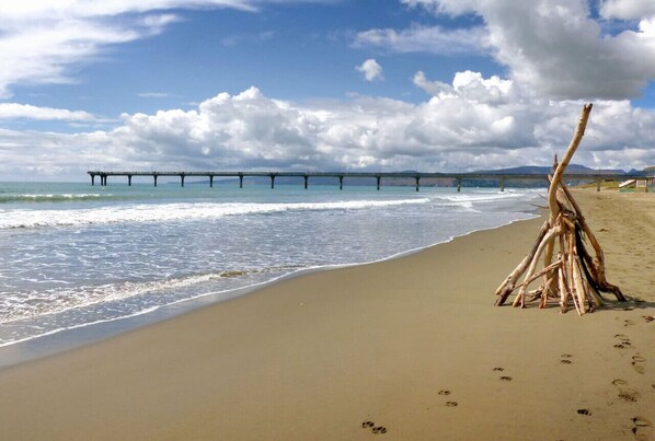 Una playa con una estructura de madera y un muelle al fondo.