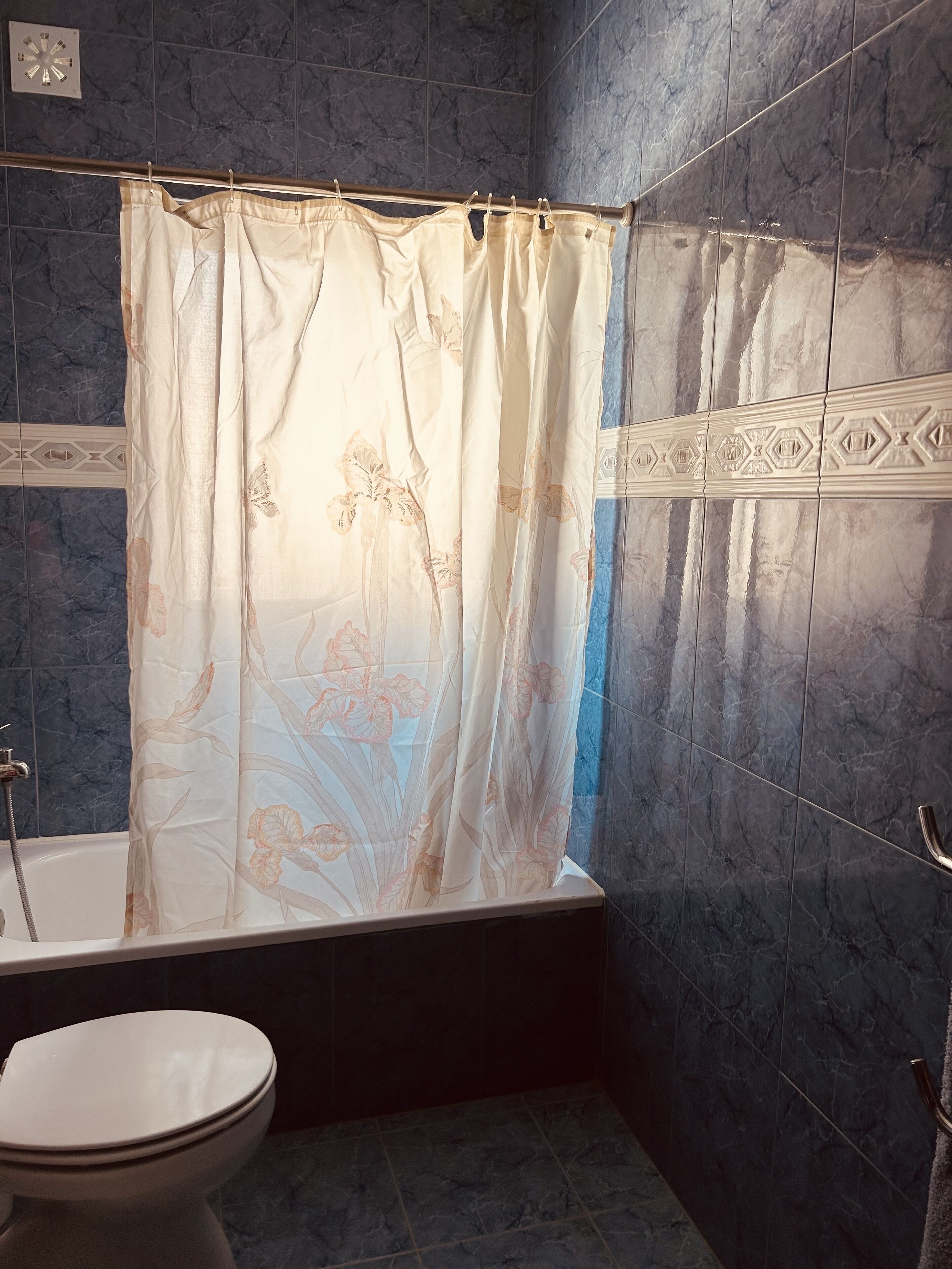 Une salle de bain équipée d’une baignoire, de toilettes et d’un rideau de douche orné de motifs floraux.