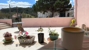 Una terrazza sul tetto con piante in vaso, un tavolo e vista su una collina.