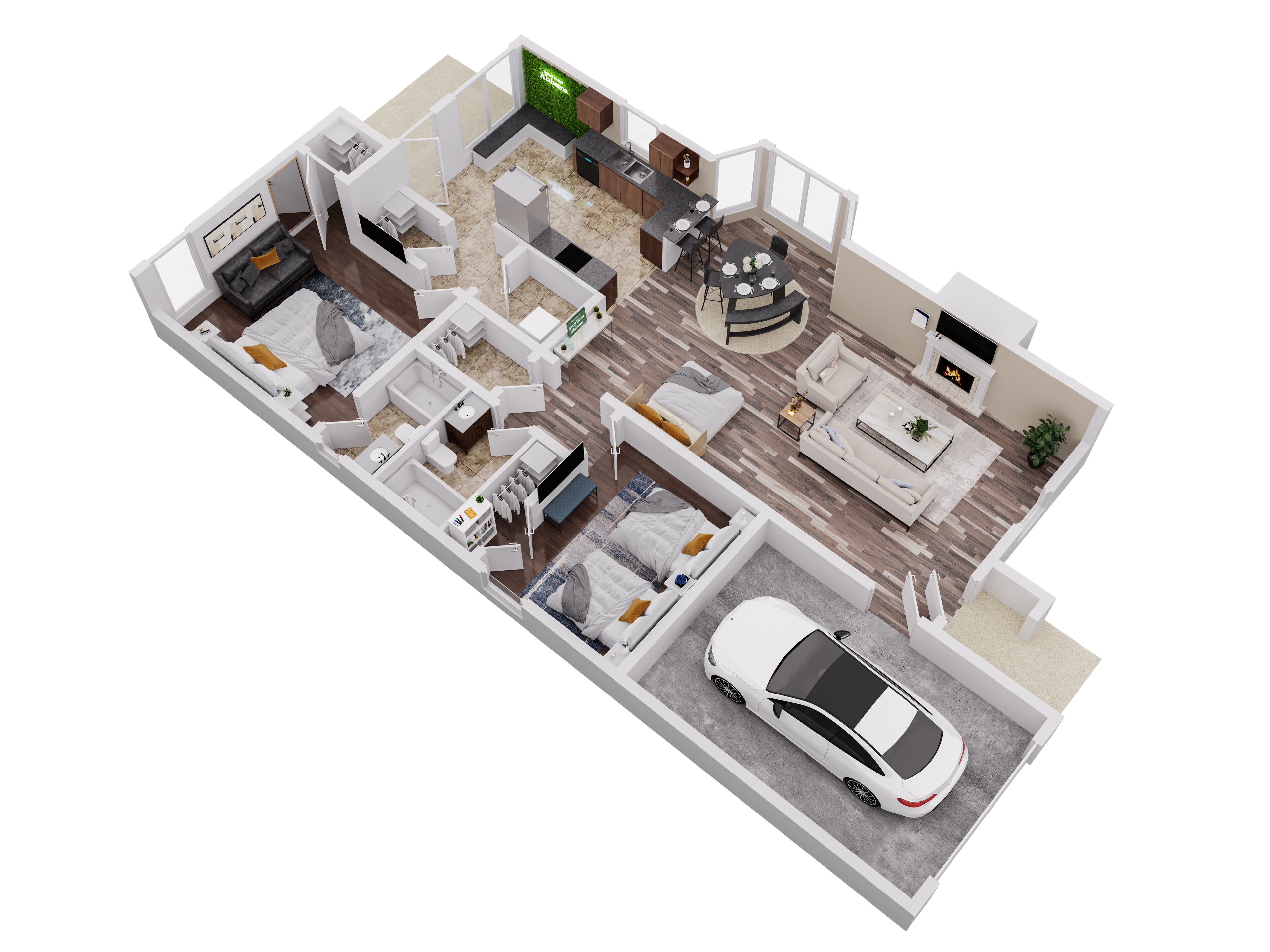 Een 3D-plattegrond van een modern appartement met een woonkamer, keuken, eetgedeelte, twee slaapkamers, een badkamer en een parkeerplaats voor een witte auto.