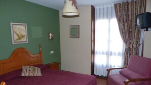 A room with a bed, a chair, a television, and a window with curtains. - Hotel Mestas (Cabrales)