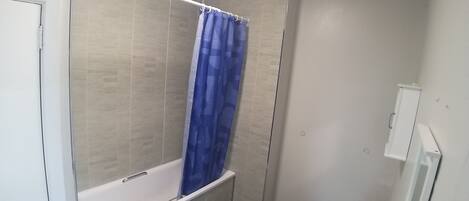 A bathroom with a shower, a bathtub, and a toilet.