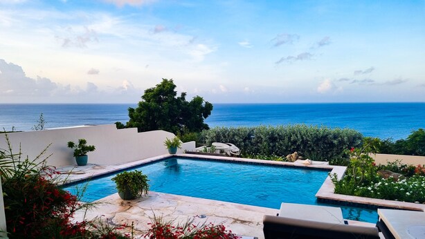 A swimming pool with a view of the ocean, surrounded by greenery and outdoor furniture. - Villa with Private Pool and Jacuzzi / Sea View (Cas Abou)