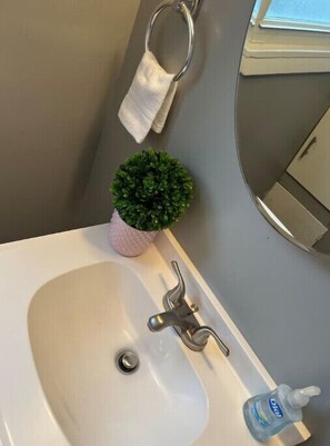 Hair dryer, towels, soap, shampoo