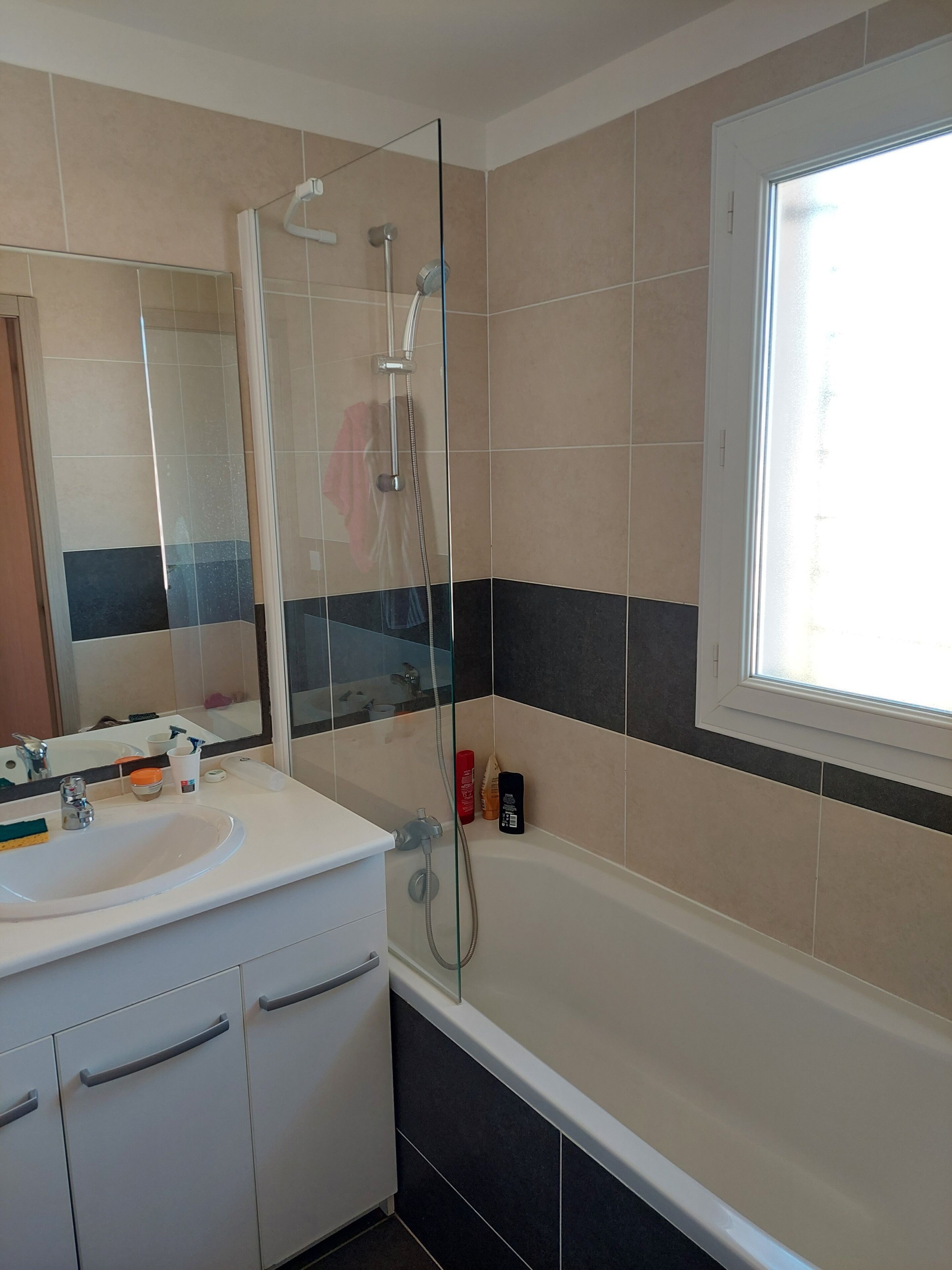 A modern bathroom with a glass-enclosed shower, a white sink, and a large mirror.