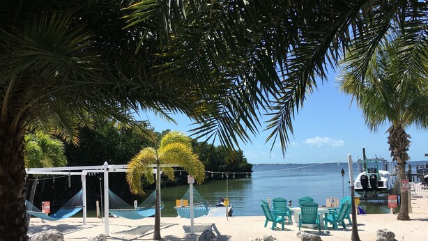 A beachside area with a gazebo, hammocks, and beach chairs. - Key Largo Relaxing Gataway with Stoning Sunsets Views (Key Largo)
