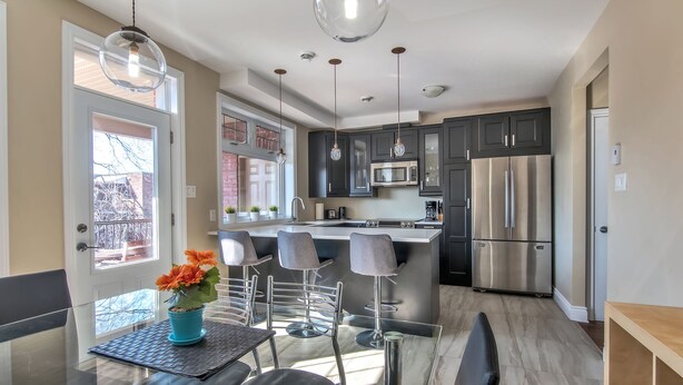 A modern kitchen with dark cabinets, stainless steel appliances, and a glass dining area with a potted plant. - Luxury 2 bedroom, 2 bath condo , 2 balconies, hi speed WIFI with FREE parking (Montréal)