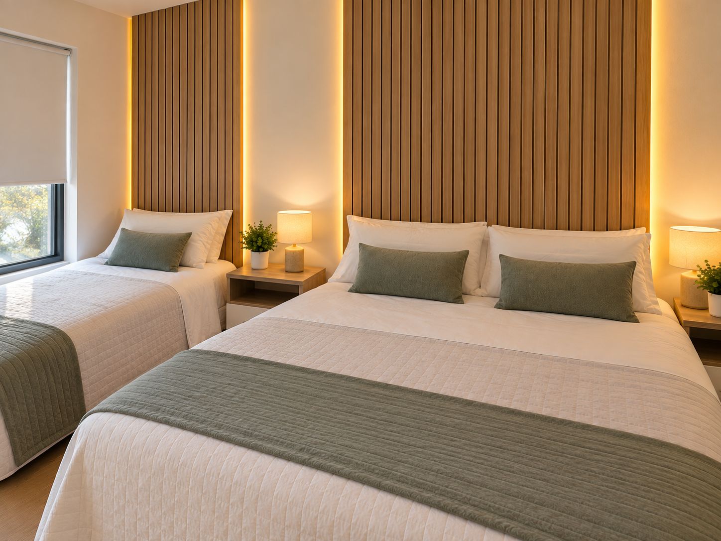 Ein Hotelzimmer mit zwei Betten, jeweils einem Nachttisch, einer Lampe und einer Zimmerpflanze.