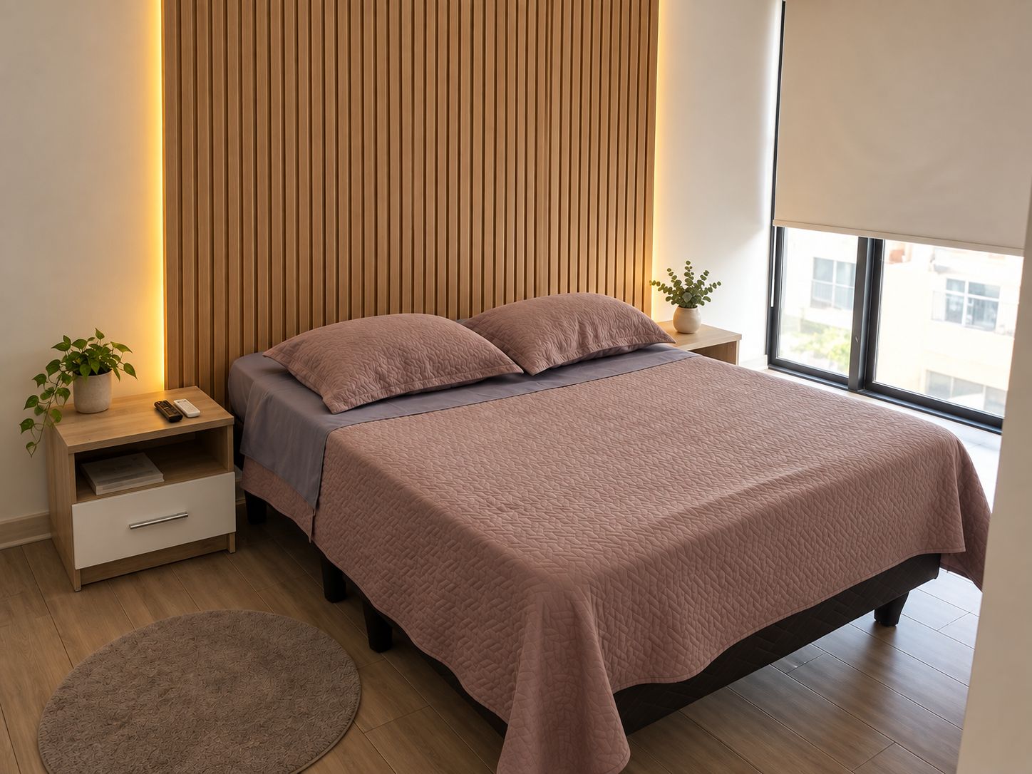 A modern bedroom with a bed, bedside tables, a nightstand, a potted plant, and a window.