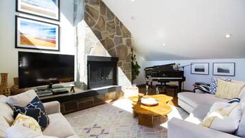 TV, fireplace, books, stereo