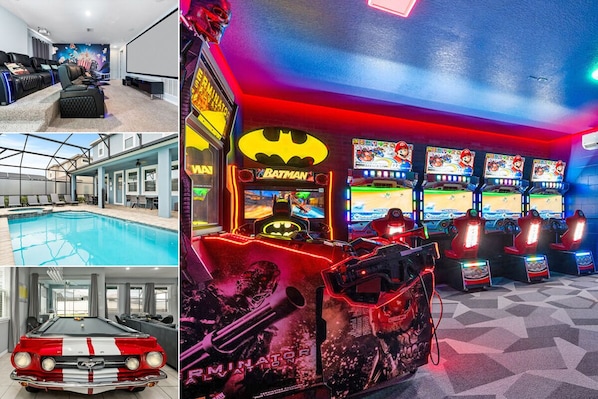 Relax, play, and unwind in this entertainment space featuring a living area, arcade, pool, and unique car display.