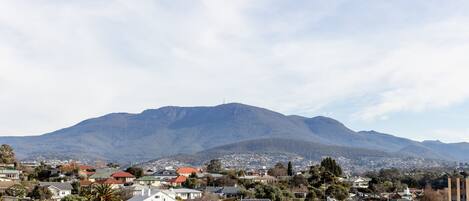 A residential area with houses, a prominent mountain in the background, and a clear sky.