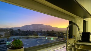 A kitchen with a stainless steel sink, a potted plant, and a view of a cityscape with mountains in the background. - Little Island Apartments (Bellerive)