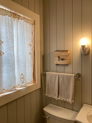 Douche, séchoir à cheveux, serviettes fournies, savon