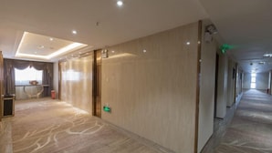 Een hotelgang met een modern design, met een kamerbreed tapijt, inbouwverlichting en een glazen lift.