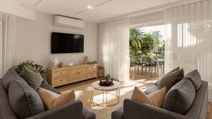 Uma sala de estar moderna com sofá, mesa de centro, TV fixada na parede e área de jantar com mesa e cadeiras.