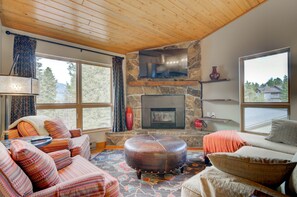 Smart TV, fireplace, books, stereo