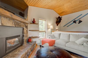 Smart TV, caminetto, libri, impianto stereo