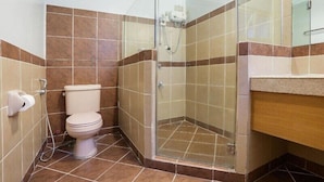 Ein Badezimmer mit Toilette, einer Glasdusche und einem Waschbecken mit Ablagefläche.