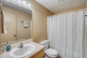 Une salle de bain équipée d’un lavabo, d’un miroir, de toilettes et d’un rideau de douche.