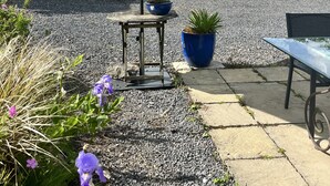 A patio area with a green umbrella, a table, and potted plants. - Irish Thatched cottage. Escape to a piece of living history on a country farm (Knocklong)