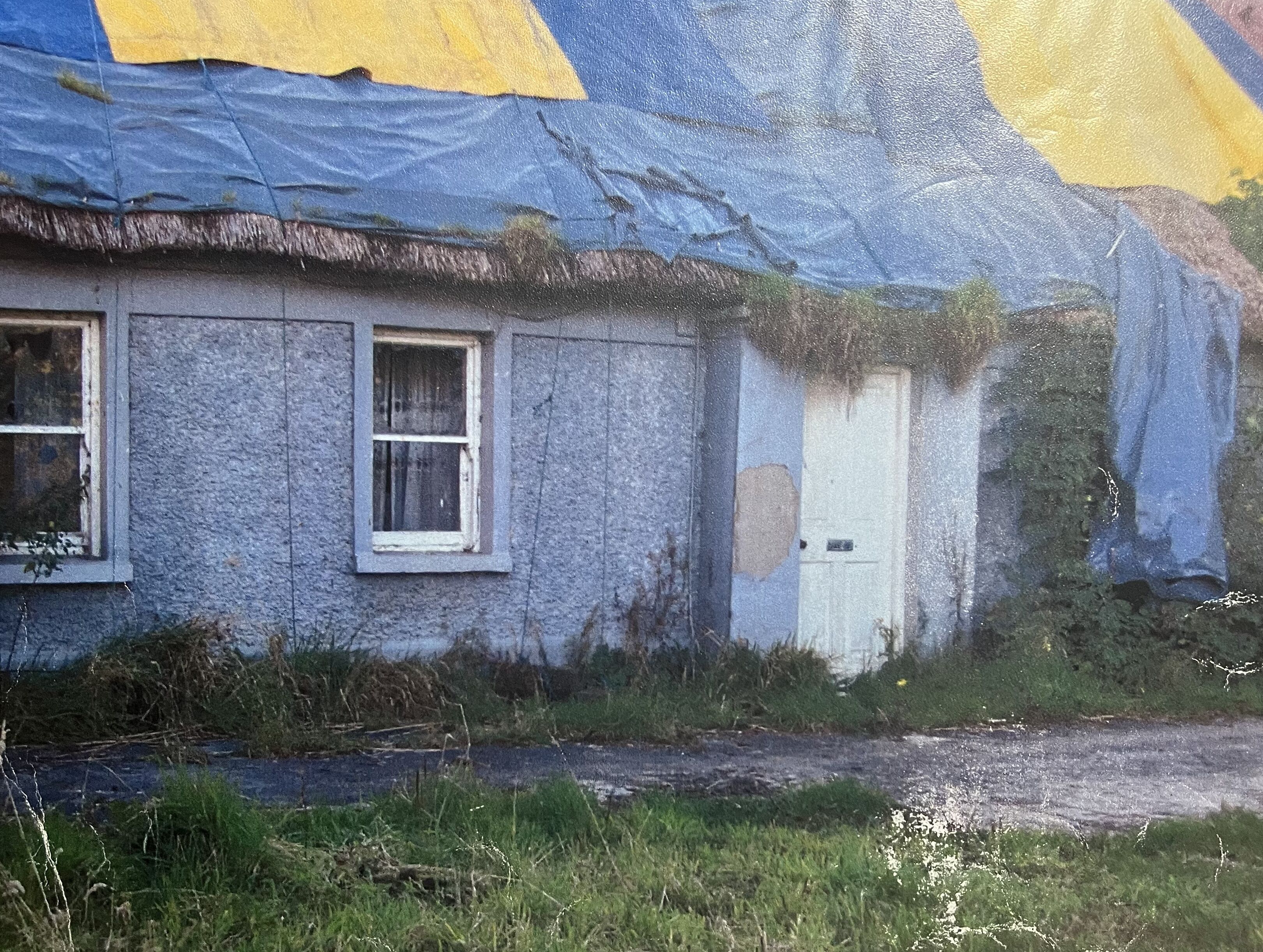 A dilapidated building with a thatched roof, a single window, and a door.