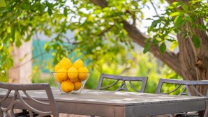Une table avec un bol de citrons, une chaise et un arbre en arrière-plan.
