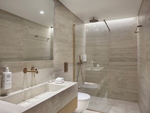 Shower, hair dryer, slippers, towels