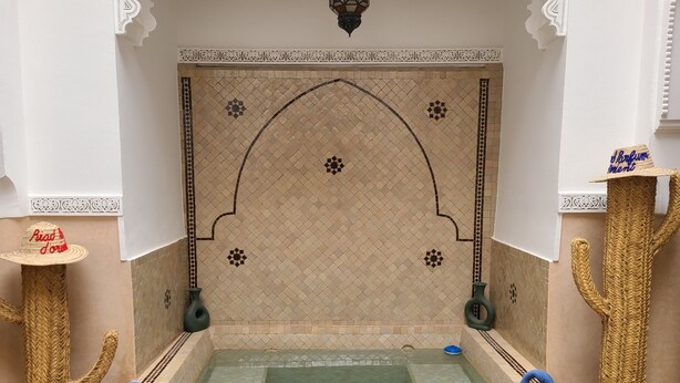 A hot tub with a decorative tiled wall, two cacti, and towels. - Riad parfum d'orient (Marrakech)