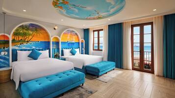 Saphira, Ocean View, 2 Queen Beds with Balcony | Hypo-allergenic bedding, minibar, in-room safe, desk