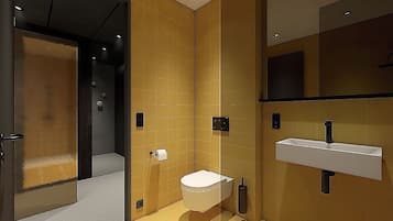 Shower, rainfall showerhead, hair dryer, towels