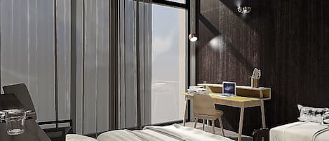 In-room safe, desk, laptop workspace, soundproofing