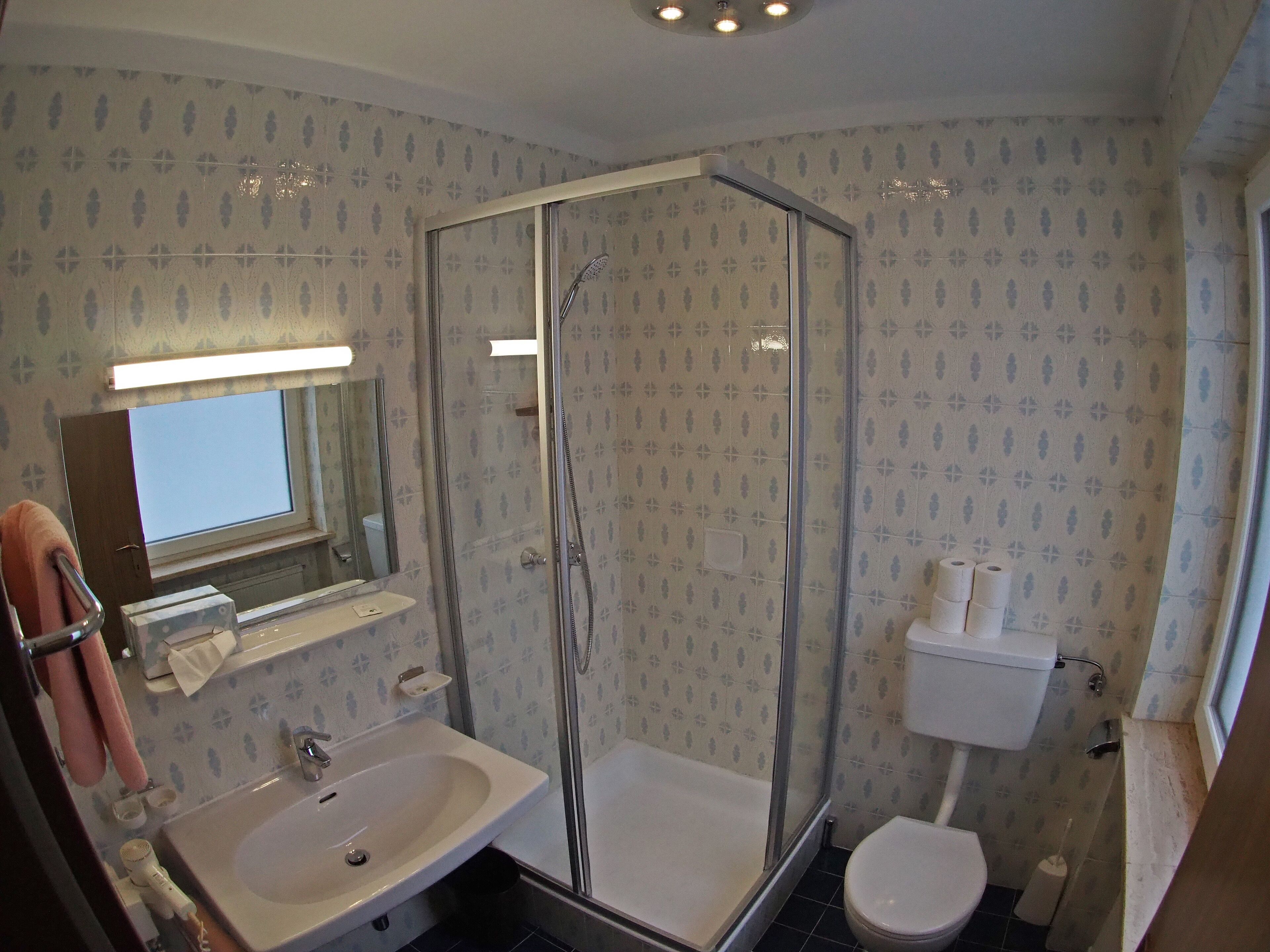 A bathroom with a glass-enclosed shower, a sink, a toilet, and a mirror.