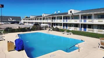 Outdoor pool, pool umbrellas, pool loungers