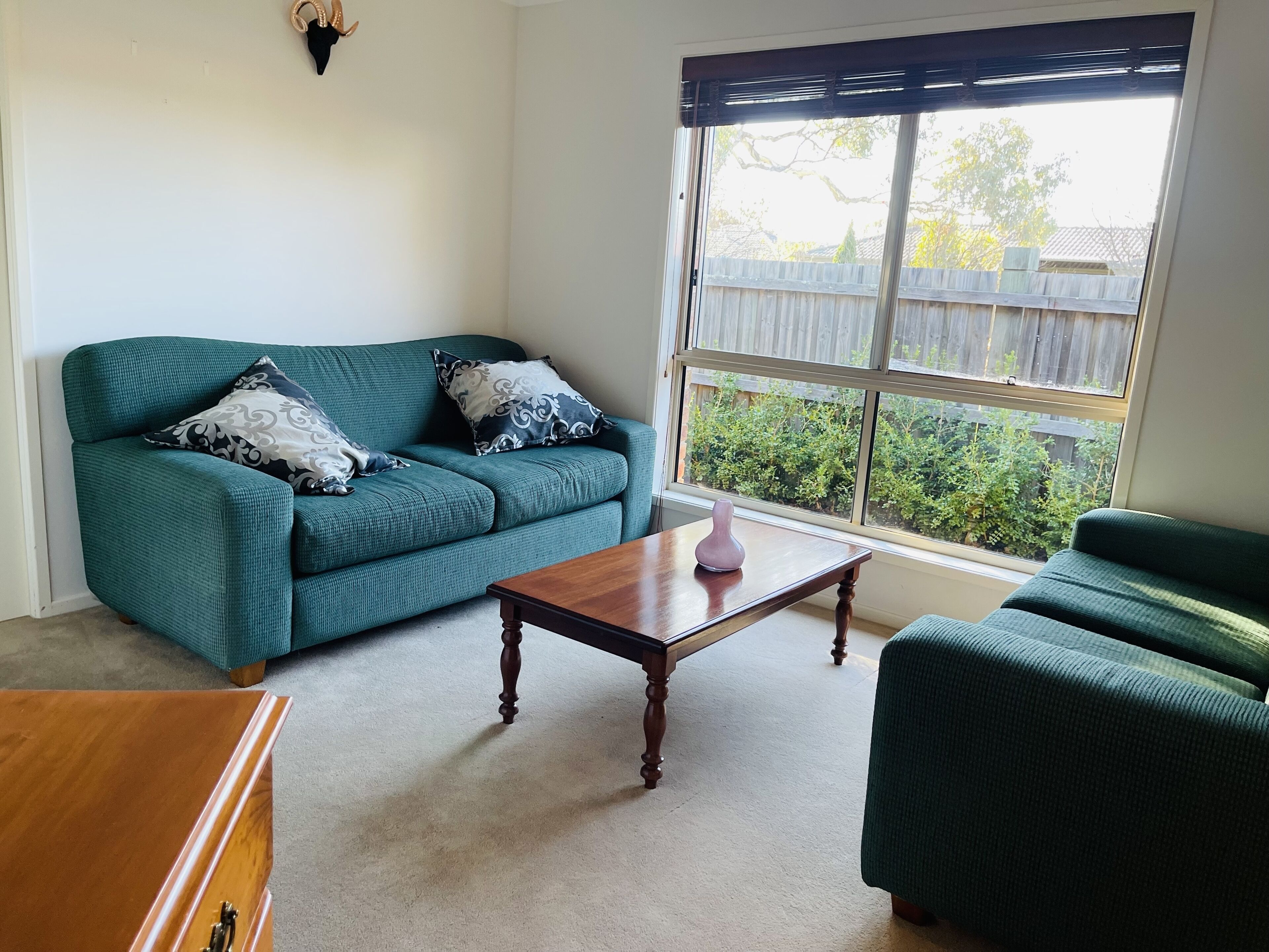 Un salon avec un canapé de couleur turquoise, une table basse en bois et une fenêtre donnant sur un jardin.