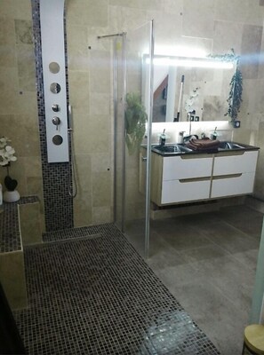 Chuveiro, secador de cabelo, toalhas de banho, papel higiênico