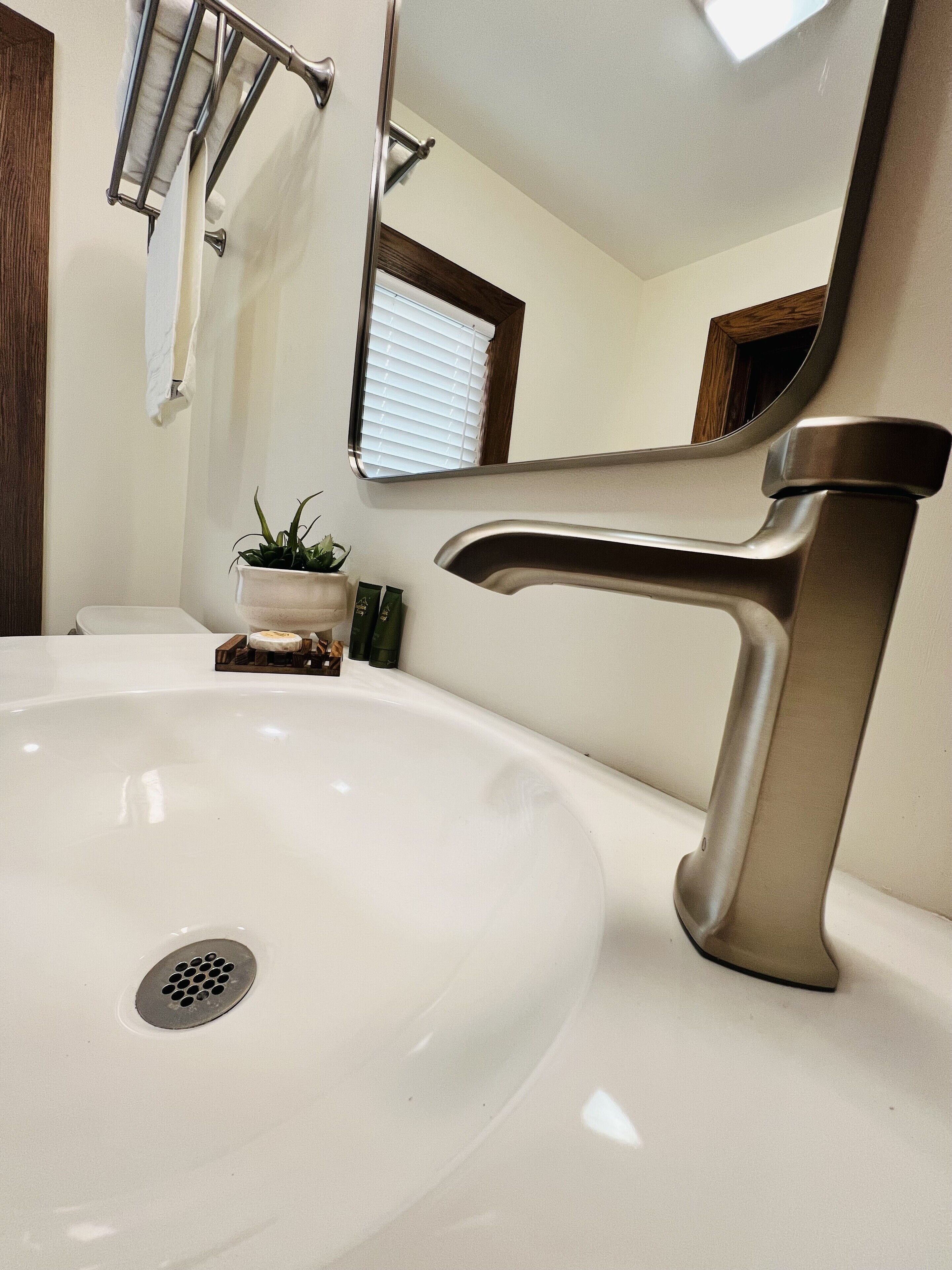 A bathroom with a white sink, a modern faucet, a mirror, and a small potted plant.