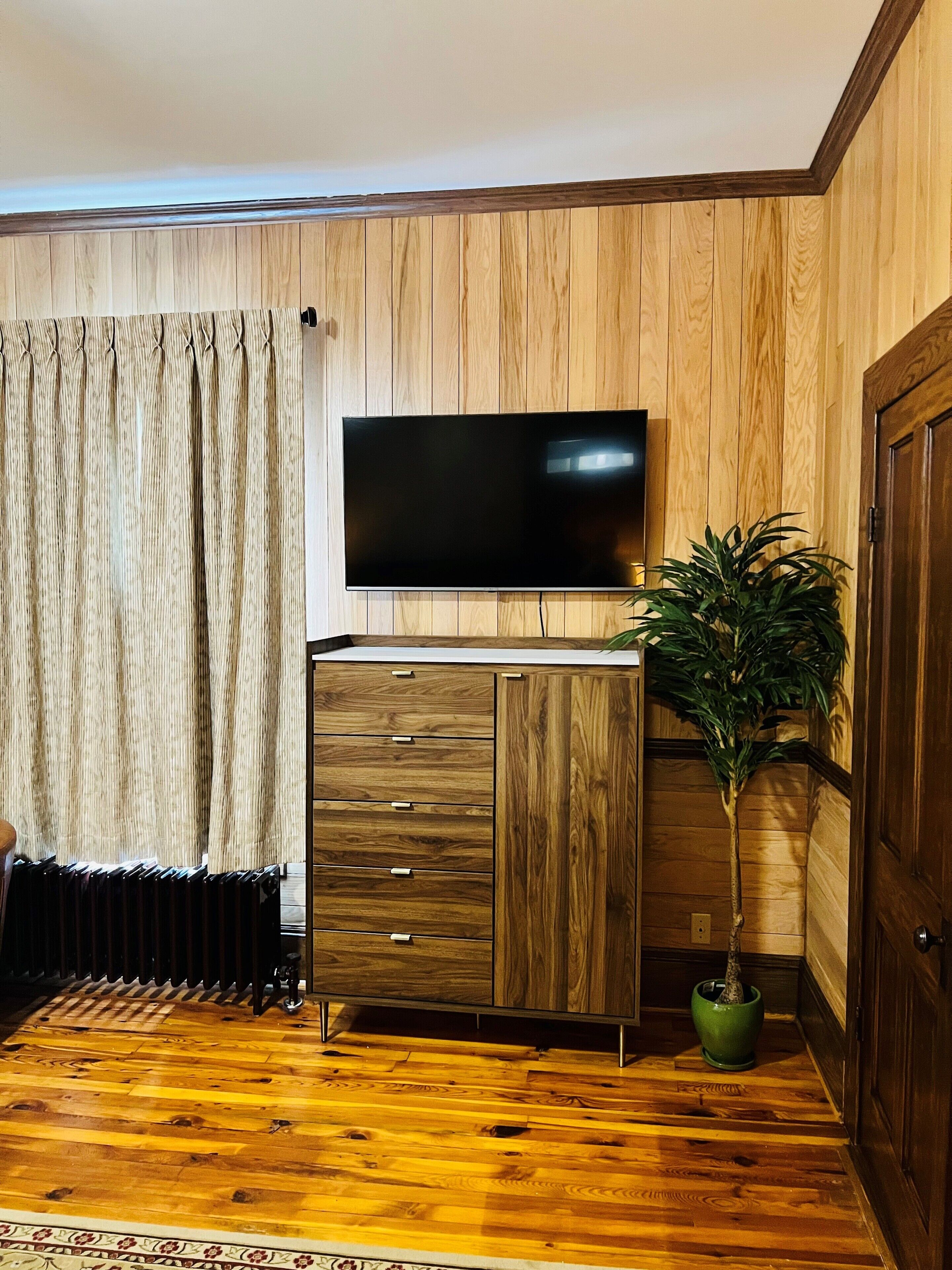 Une pièce avec un plancher en bois, un téléviseur fixé au mur, une commode avec des tiroirs, un radiateur et une plante en pot.
