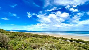 Un paysage côtier avec une plage, des dunes herbeuses et un ciel bleu dégagé.