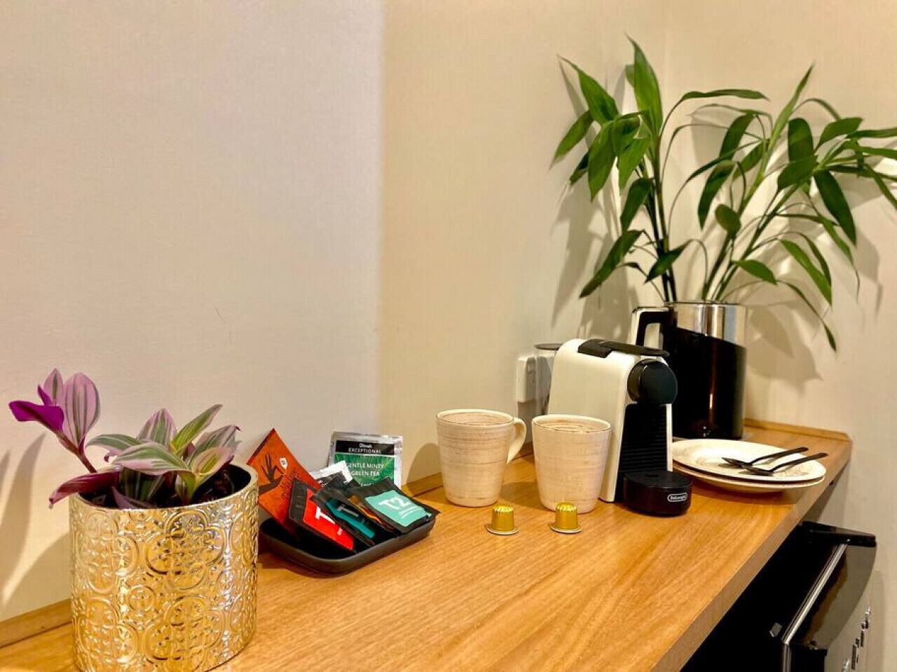 A wooden table with a potted plant, a tray of tea bags, two cups, a coffee maker, and a plate with cutlery.