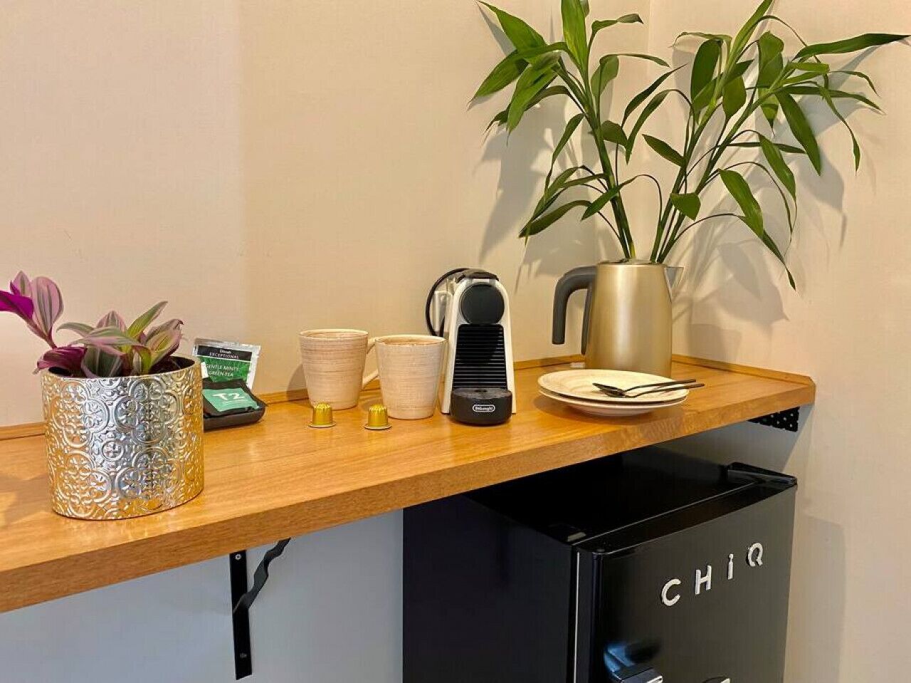 A kitchen counter with a coffee maker, a plant, and a trash bin labeled 'CHIR'.