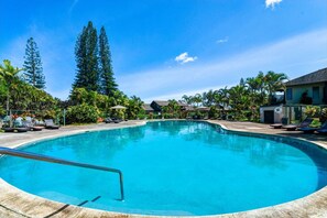 Une piscine avec des chaises longues et des palmiers.
