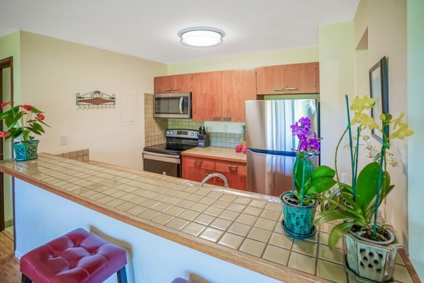 A kitchen with wooden cabinets, a microwave, a refrigerator, and a sink. There are potted plants on the counter.