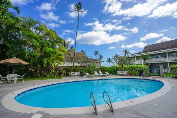 A swimming pool with lounge chairs and umbrellas, surrounded by palm trees and a building in the background.