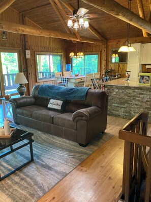 TV connectée, cheminée, livres