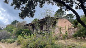 A rustic stone house with a balcony, surrounded by dense vegetation and a dirt path. - Maison Individuelle au Cœur du Maquis Corse (Porto-Vecchio)