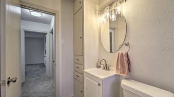 Hair dryer, towels, soap, shampoo